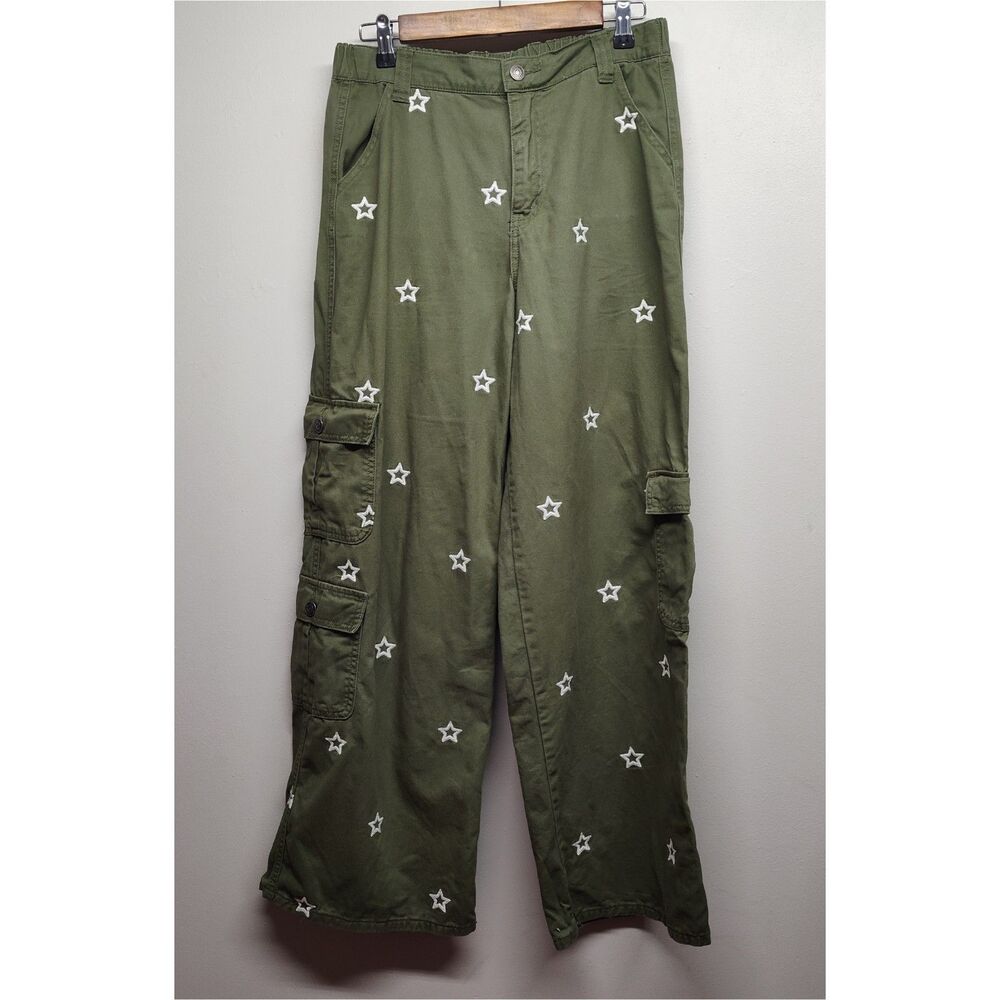 Y2K Star Print Cargo Pants Women L Wide Leg Army Green Baggy Streetwear Hipster